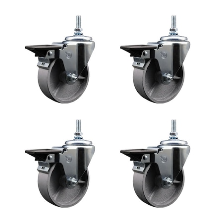 Semi Steel Cast Iron Swivel Threaded Stem Caster w/Roller Bearing Set of 4 w/4" x 1.5" Silver Wheels and 3/8" Stems - Includes 4 with Posi Lock Brakes - 1200 lbs Total Capacity - Service Caster Brand